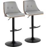 Gianna Adjustable Swivel Bar Stool in Black Metal, Walnut Wood & Light Grey Leatherette (Set of 2)